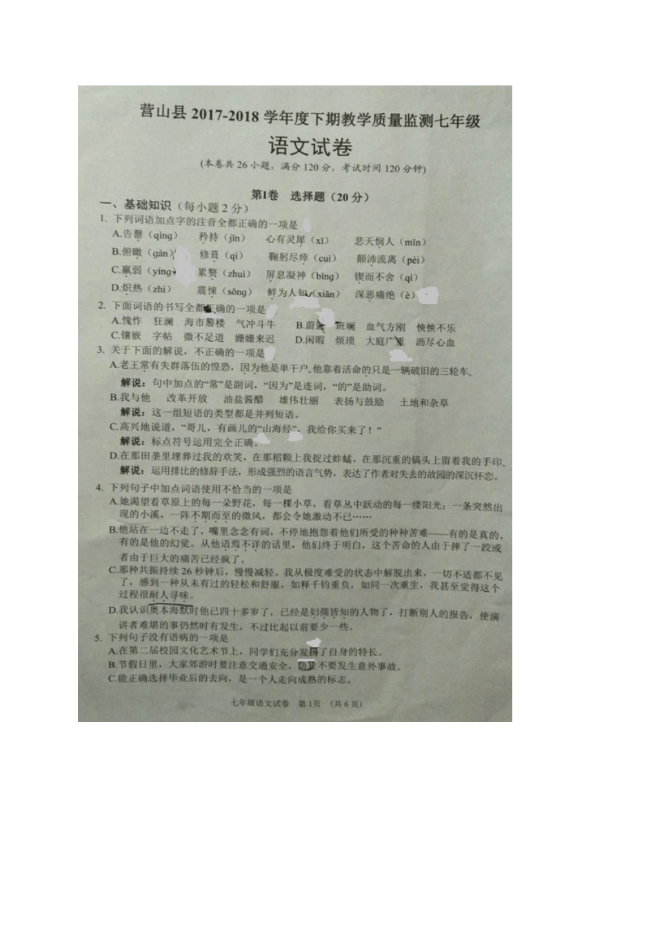 四川省营山县七年级语文下学期期末试卷 新人教版试卷_第2页