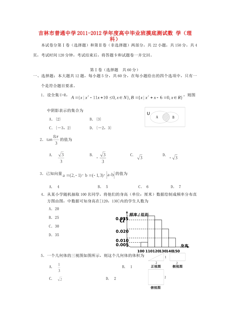 吉林省吉林市高三数学上学期摸底测试 理试卷_第1页
