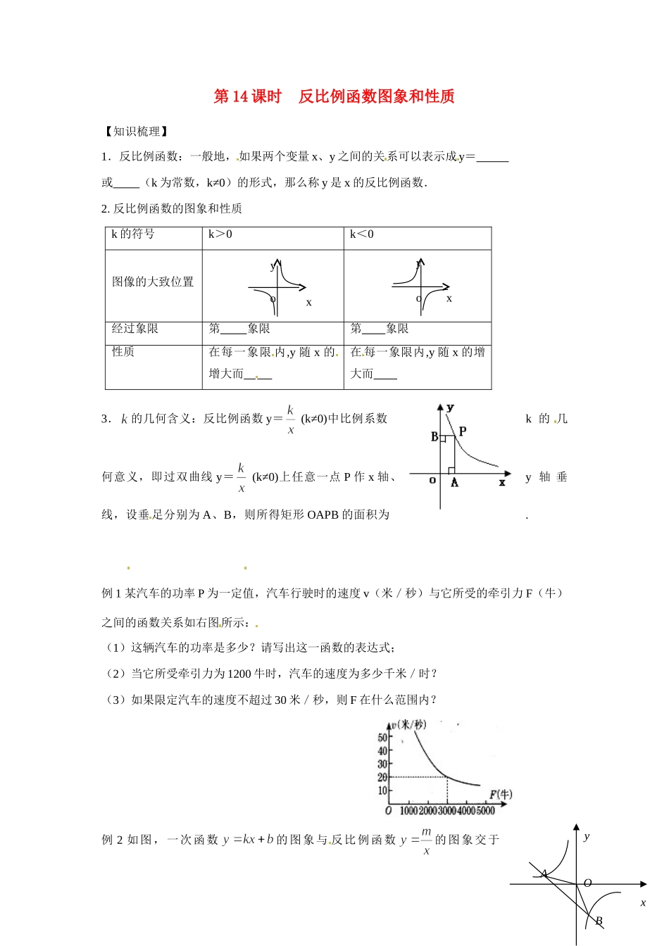 安徽省滁州二中中考数学课时复习训练 第14课时 反比例函数图象和性质 新人教版试卷_第1页