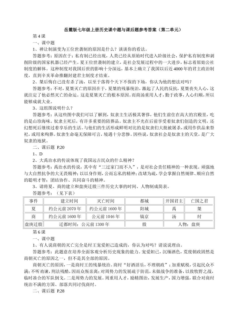 岳麓版七年级上册历史课中题与课后题参考答案(第二单元)_第1页