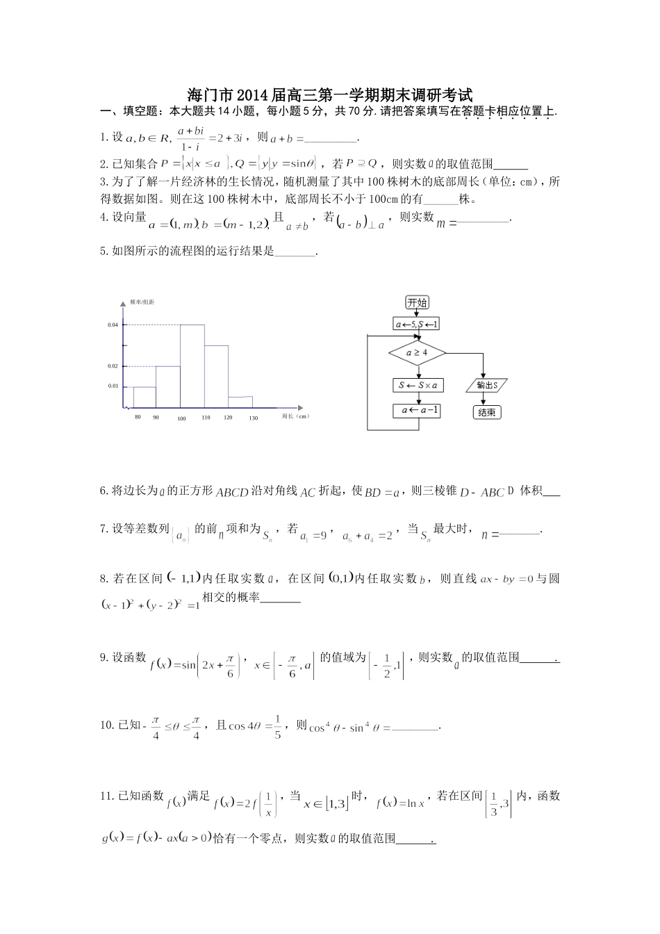 海门市2014届高三第一学期期末调研考试_第1页
