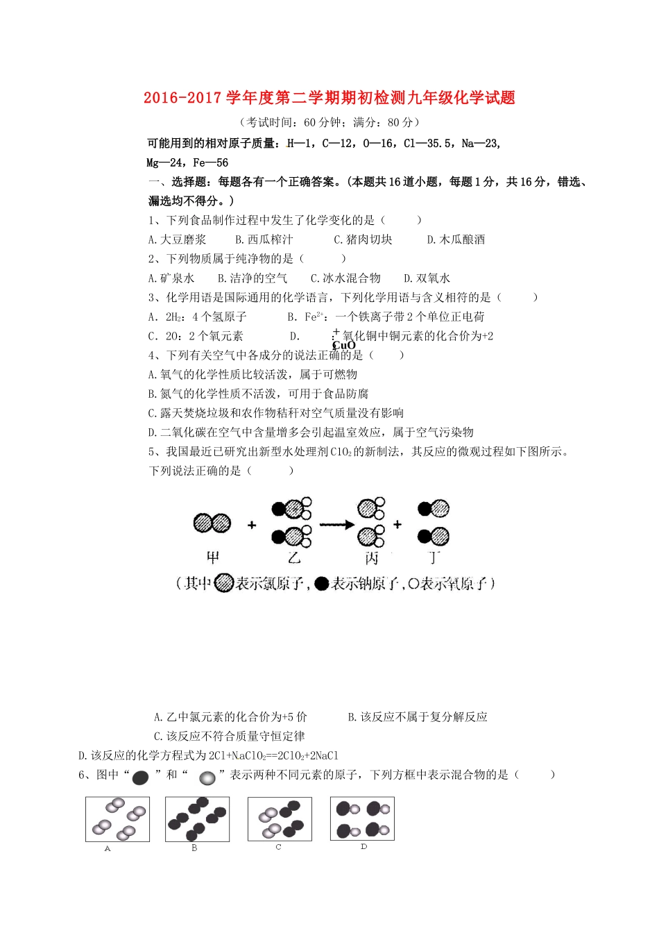 九年级化学下学期期初考试试卷(无答案) 新人教版试卷_第1页