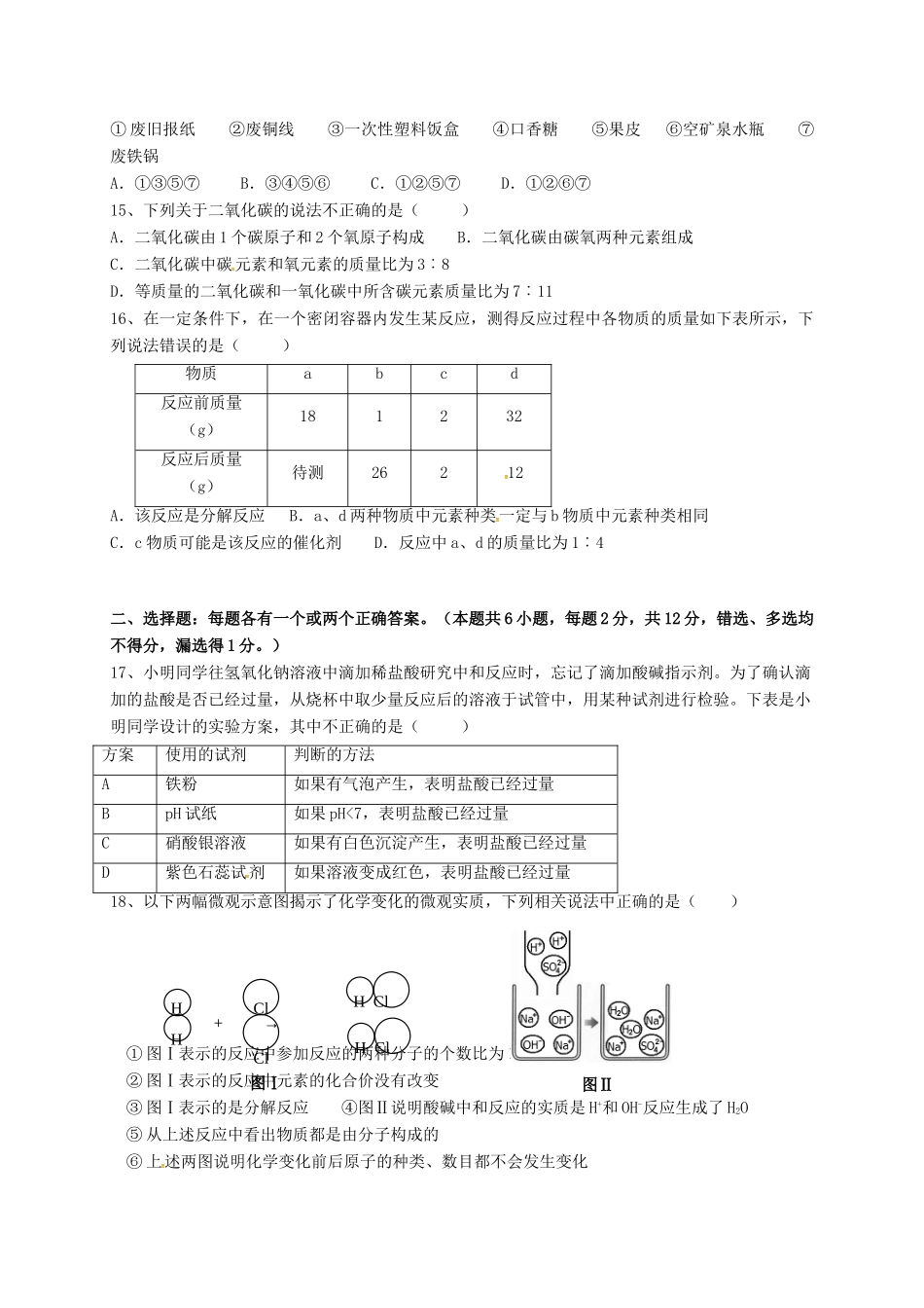 九年级化学下学期期初考试试卷(无答案) 新人教版试卷_第3页