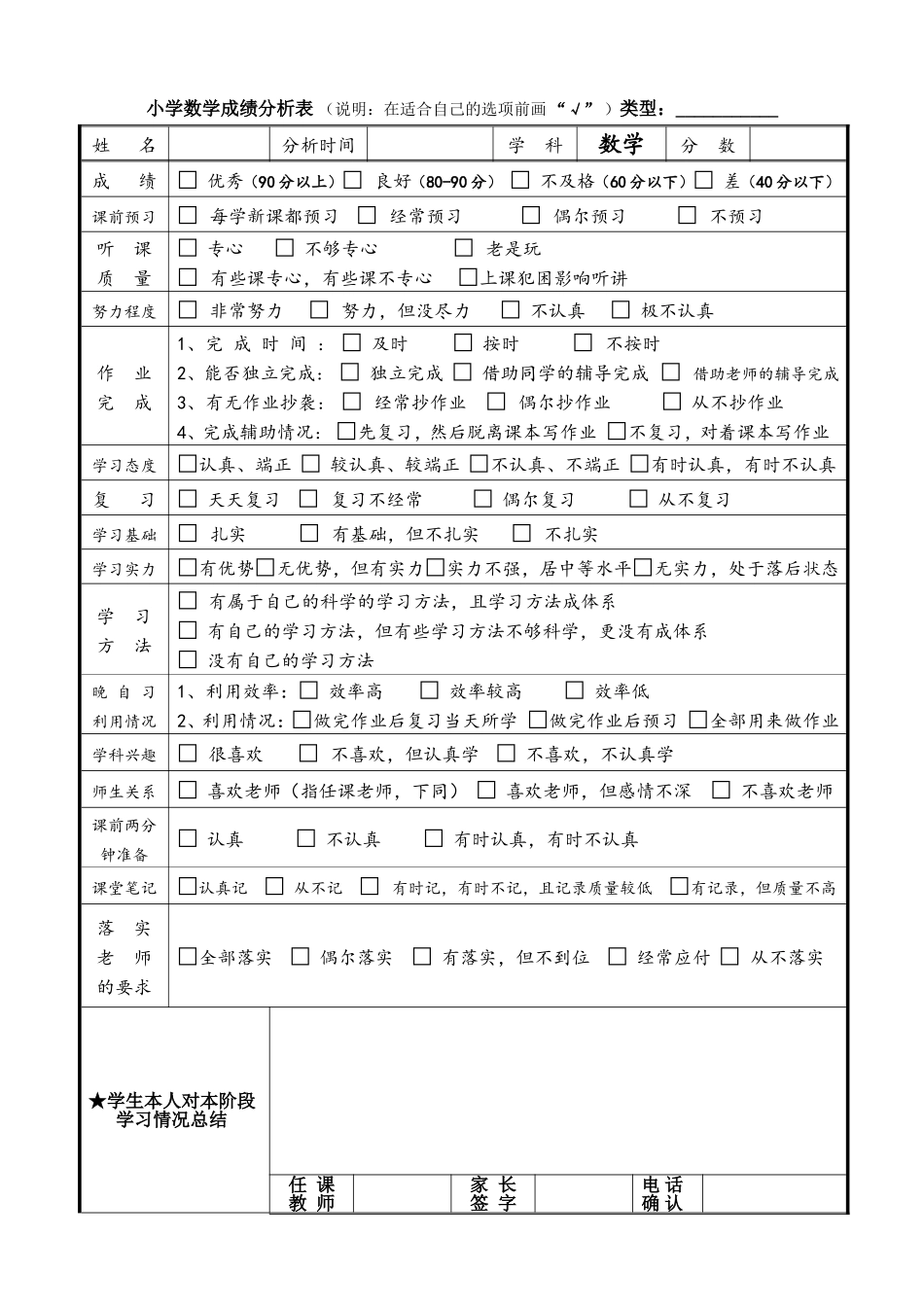 数学成绩分析表_第1页