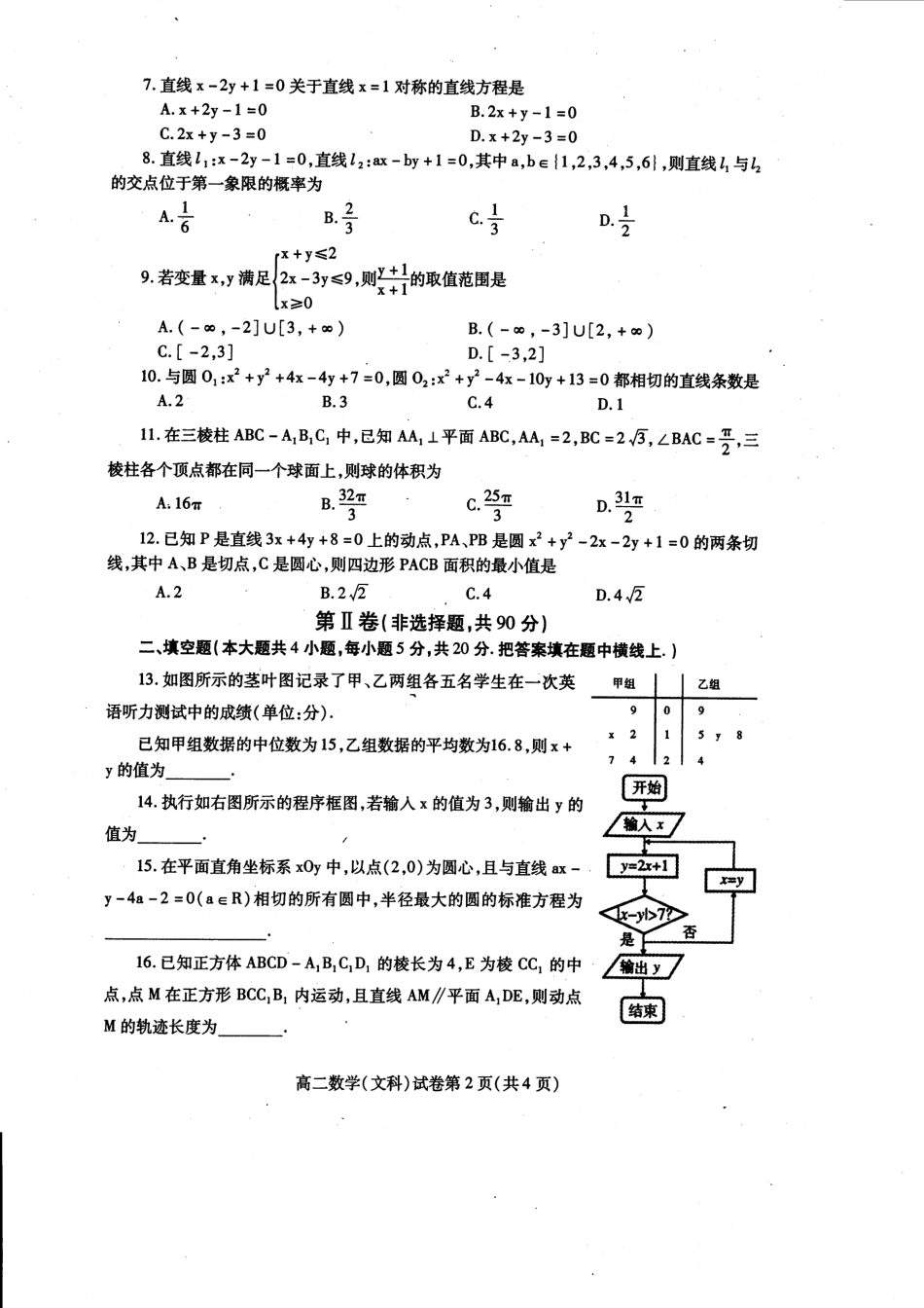 四川省内江市高二上学期期末检测数学(文)试卷(PDF) 四川省内江市高二数学上学期期末检测试卷 文(PDF) 四川省内江市高二数学上学期期末检测试卷 文(PDF)_第2页