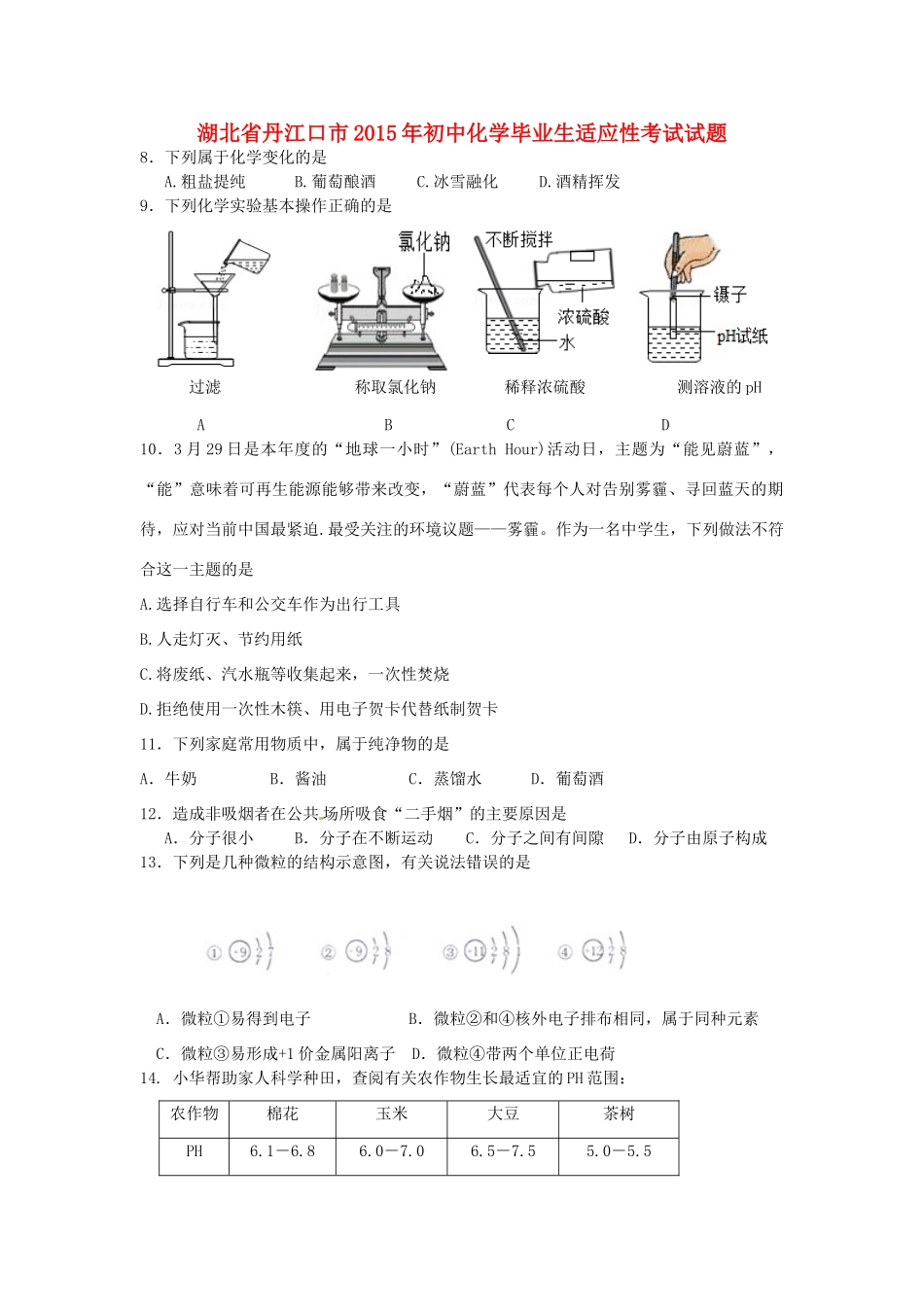 初中化学毕业生适应性考试试题_第1页