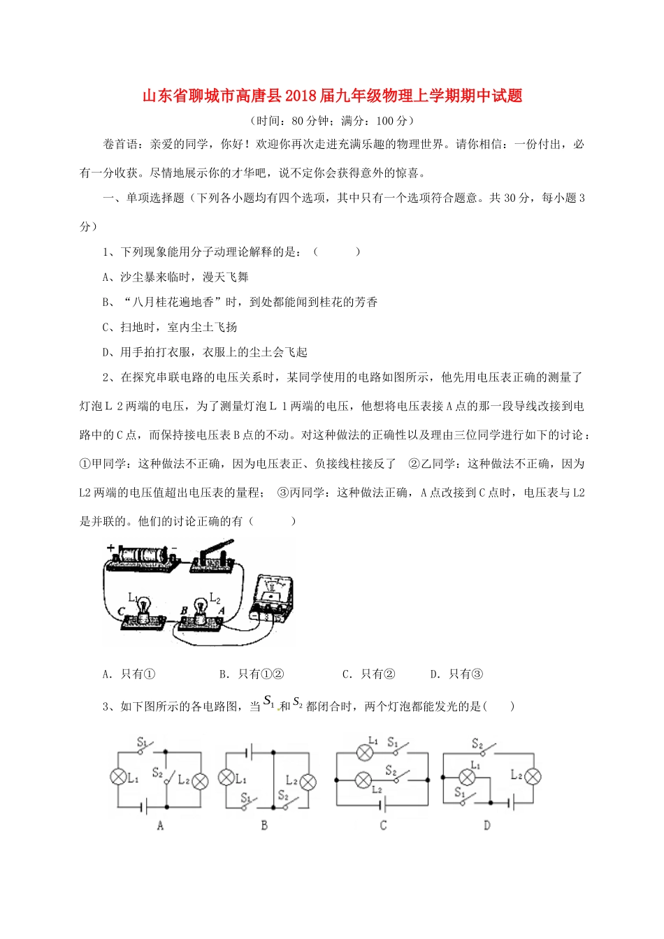 山东省聊城市高唐县九年级物理上学期期中试卷 新人教版试卷_第1页