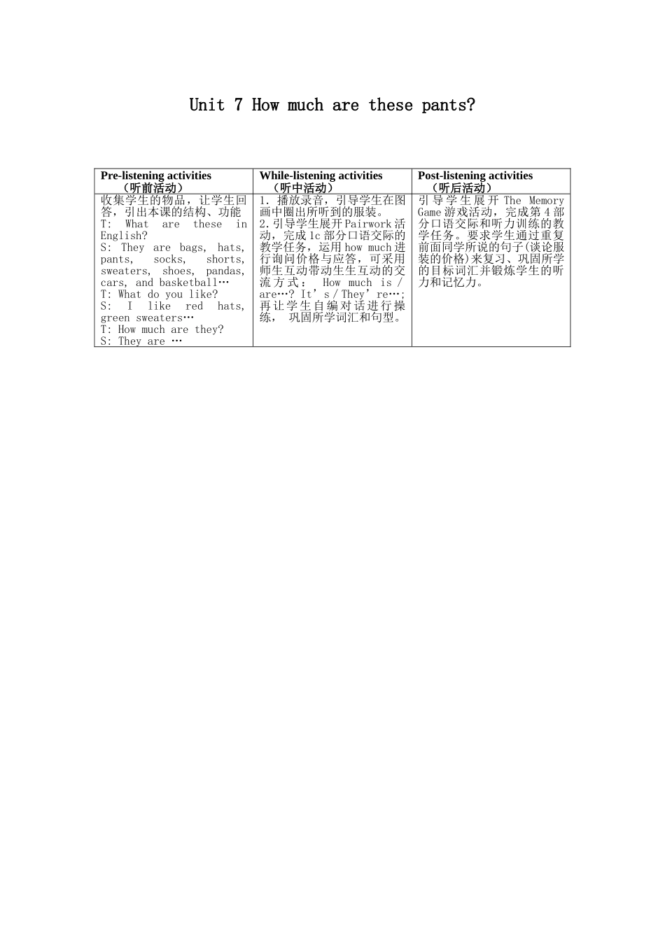 Unit7Howmucharethesepants听前、听中、听后活动_第1页