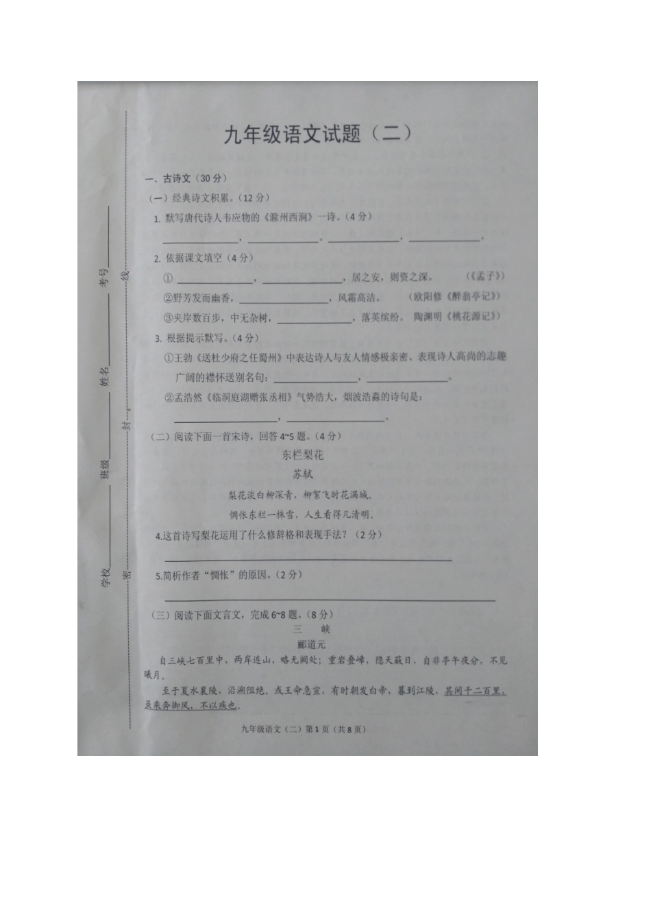 山东省巨野县九年级语文下学期第二次模拟试卷试卷_第1页
