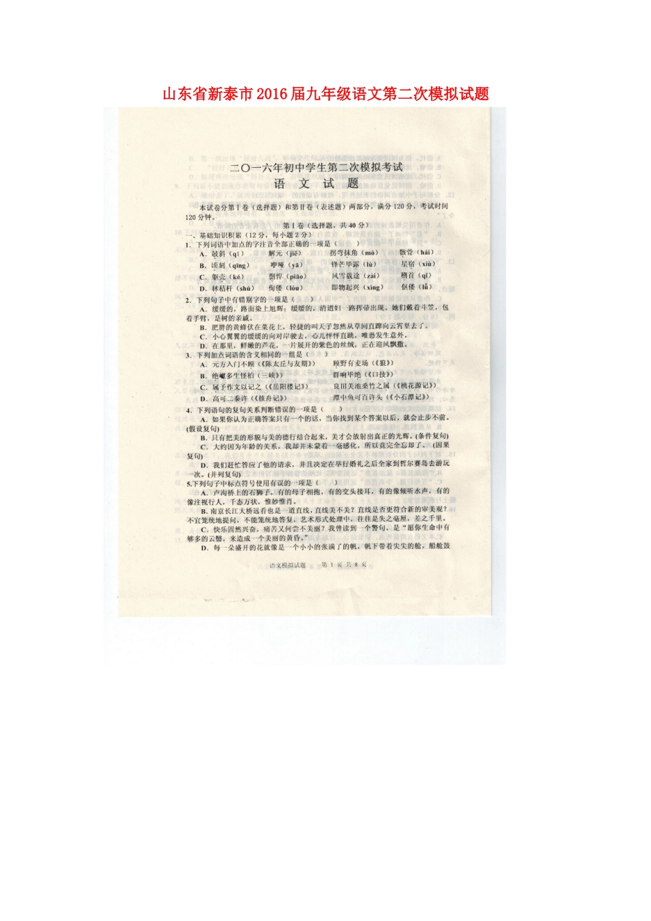 山东省新泰市九年级语文第二次模拟试卷试卷_第1页
