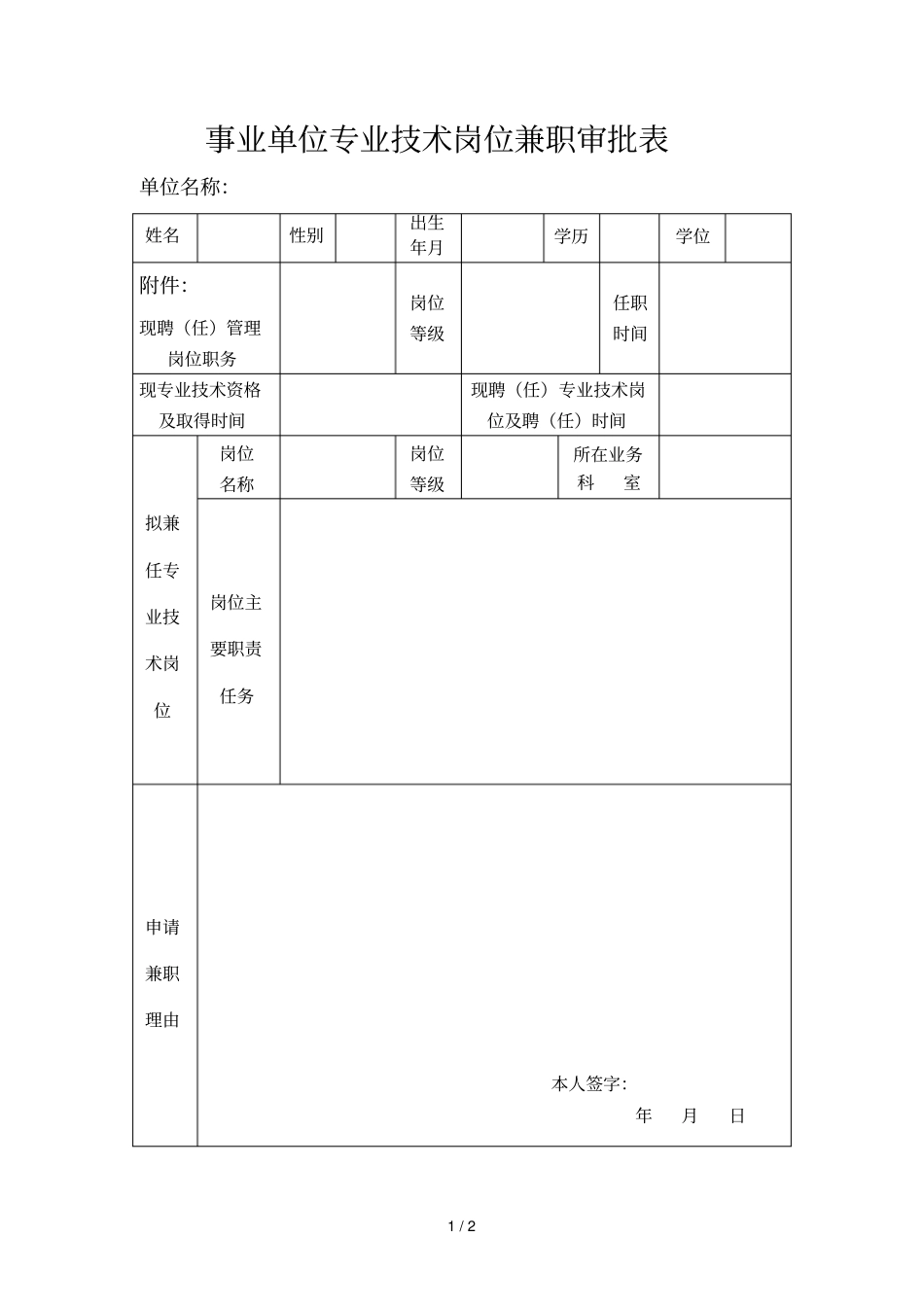 事业单位专业技术岗位兼职审批表_第1页