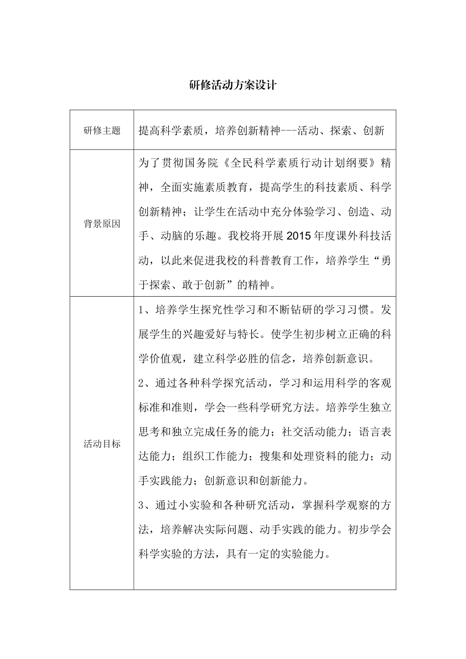 万胜小学提高科学素质-培养创新精神研修活动设计方案_第1页