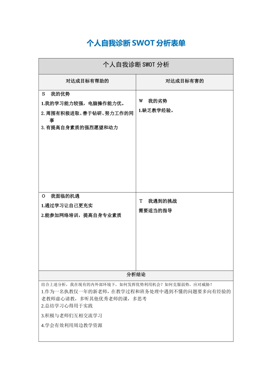第一步骤所需文档：个人自我诊断SWOT分析表陈裕楚_第1页