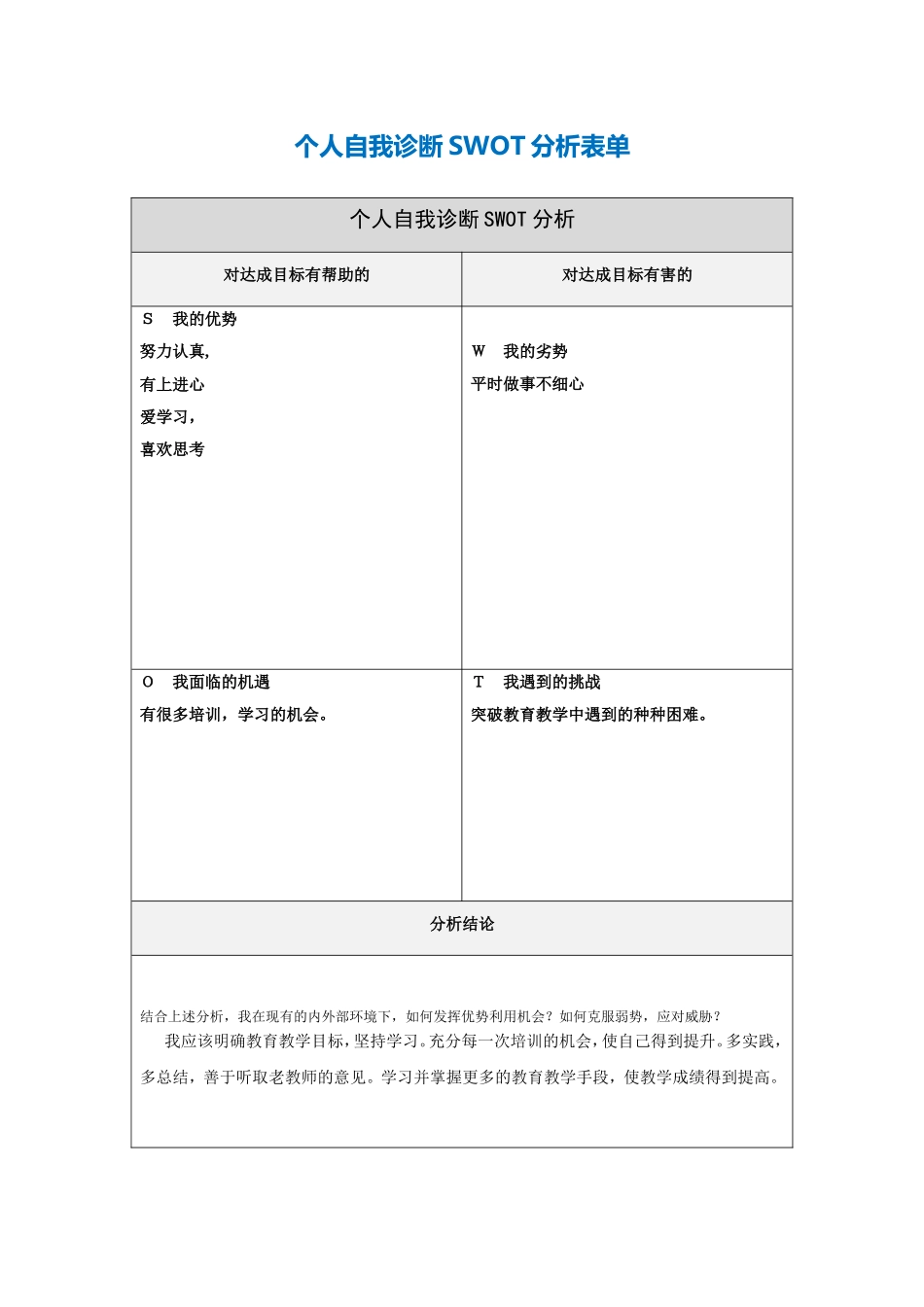 yao个人自我诊断SWOT分析表_第1页