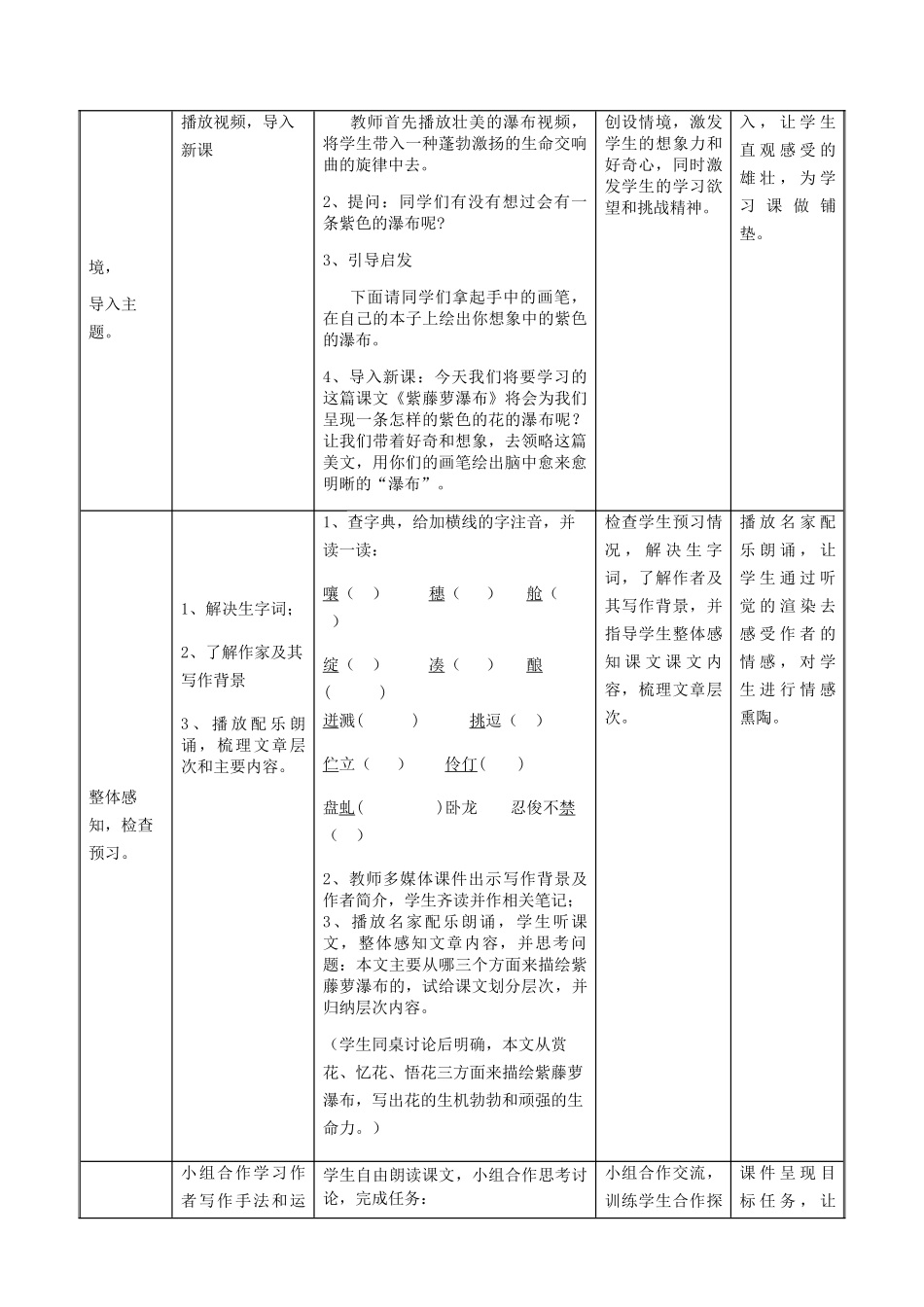 (部编)初中语文人教2011课标版七年级下册紫藤萝瀑布教学设计(黄启芬)_第2页