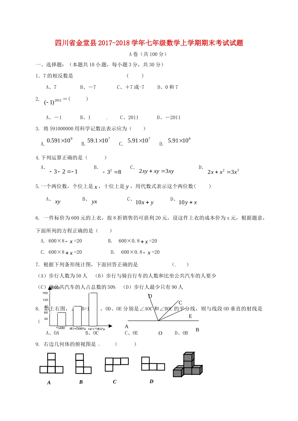 四川省金堂县七年级数学上学期期末考试试卷 新人教版试卷_第1页