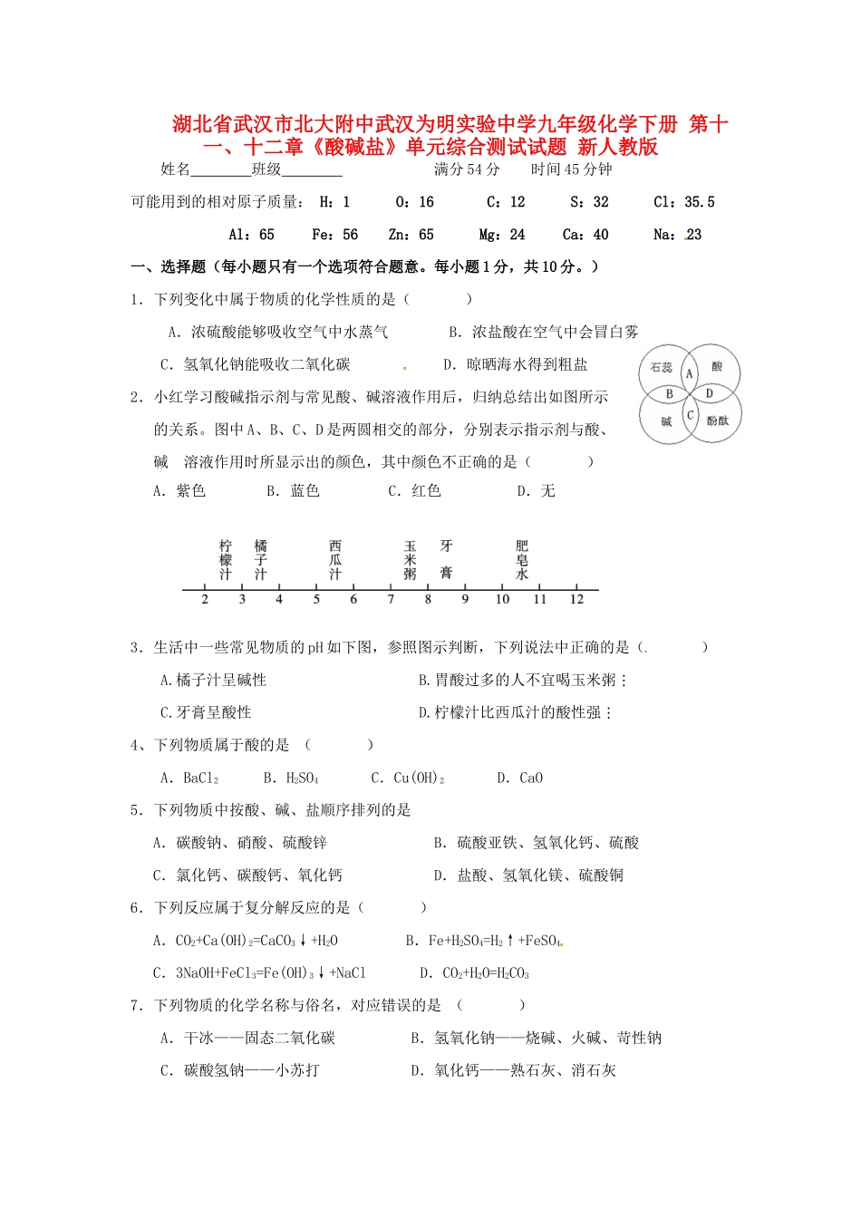九年级化学下册 第十一、十二章(酸碱盐)单元综合测试试卷 新人教版试卷_第1页