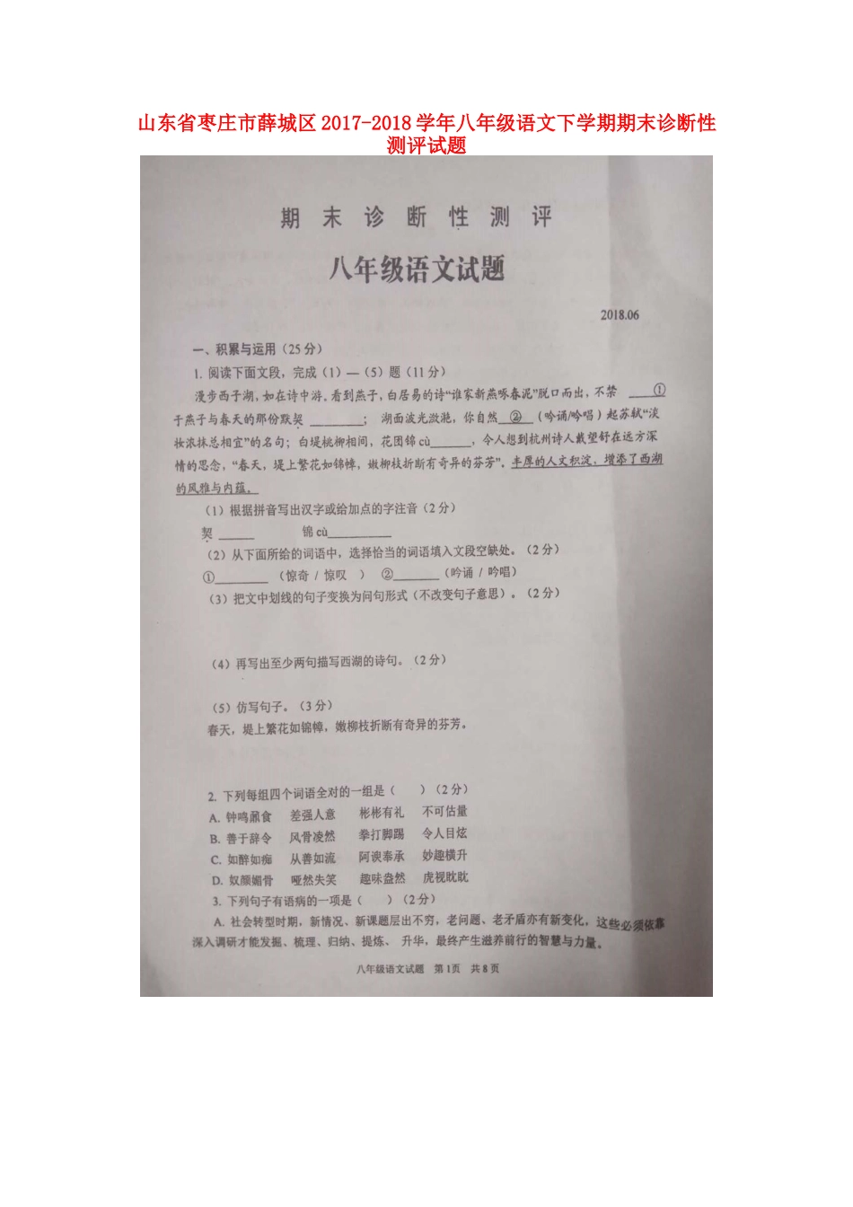 山东省枣庄市薛城区 八年级语文下学期期末诊断性测评试卷(扫描版，无答案) 新人教版试卷_第1页