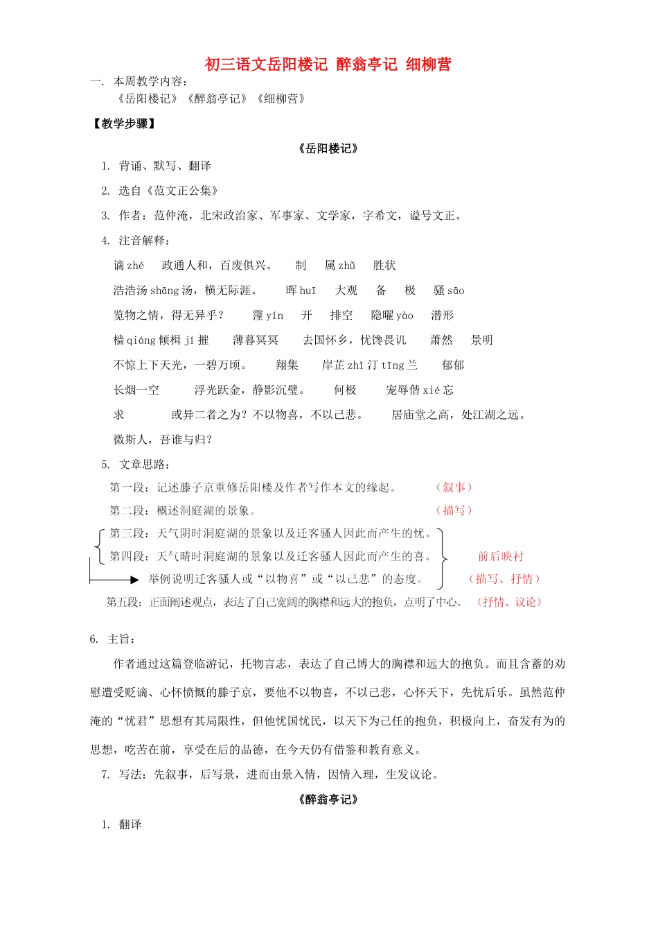 初三语文岳阳楼记 醉翁亭记 细柳营 语文版 试题_第1页