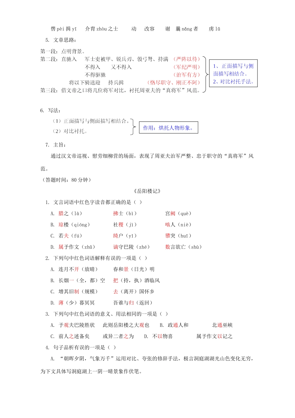 初三语文岳阳楼记 醉翁亭记 细柳营 语文版 试题_第3页