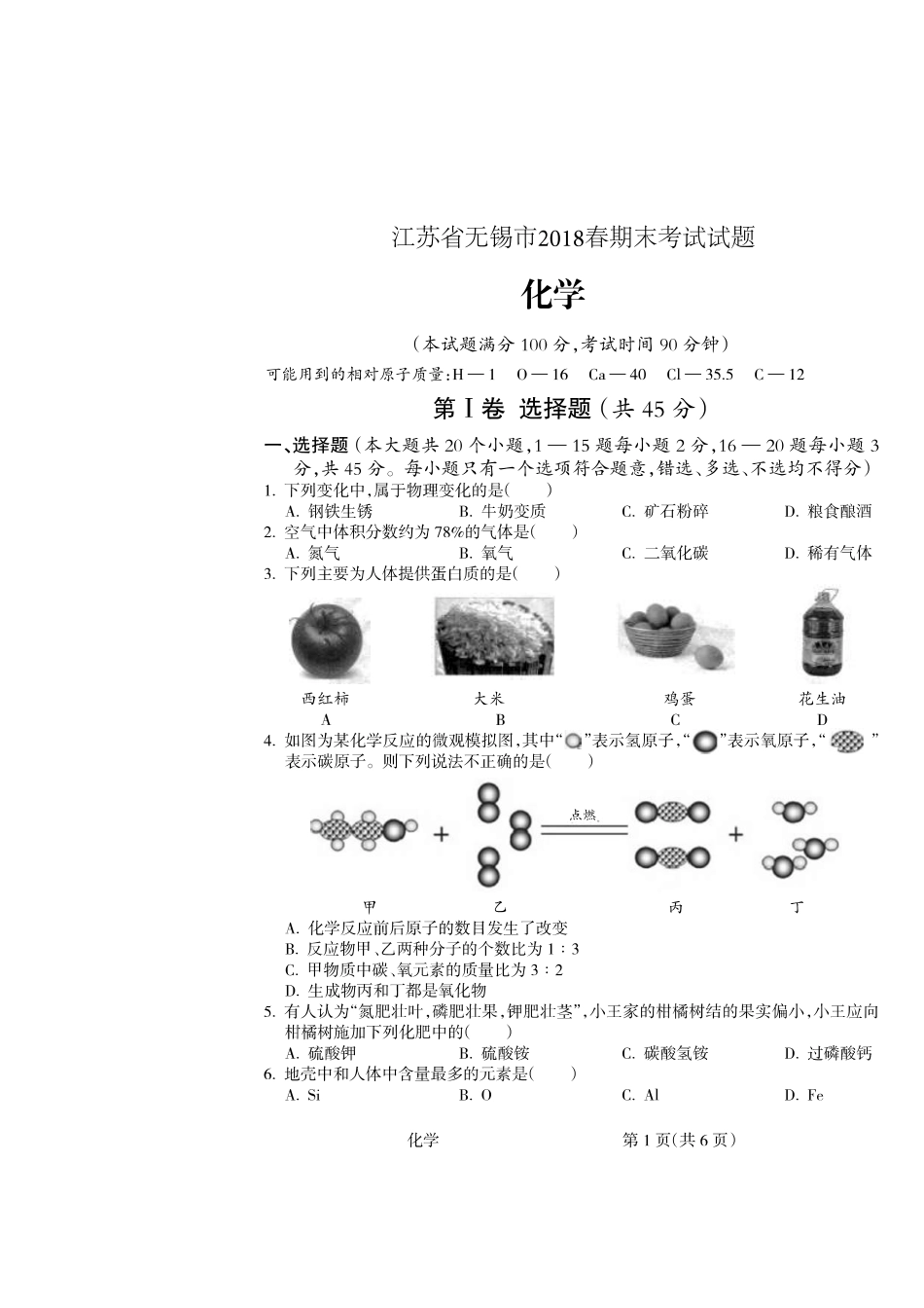 九年级化学下学期学业考查结业考试试卷(pdf) 新人教版试卷_第1页