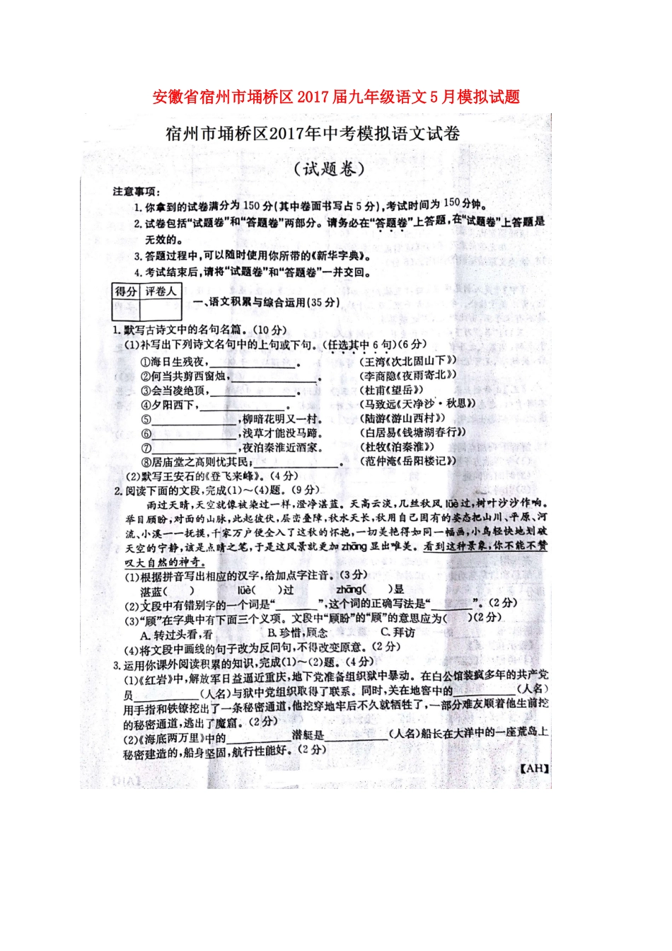 安徽省宿州市埇桥区九年级语文5月模拟试卷试卷_第1页