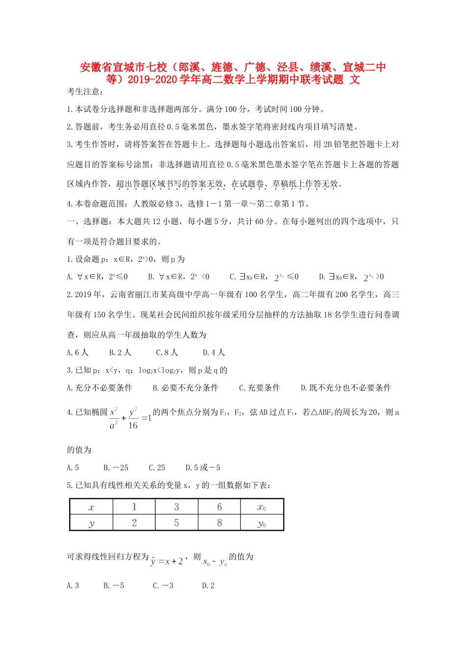 安徽省宣城市七校(郎溪、旌德、广德、泾县、绩溪、宣城二中等) 高二数学上学期期中联考试卷 文试卷_第1页