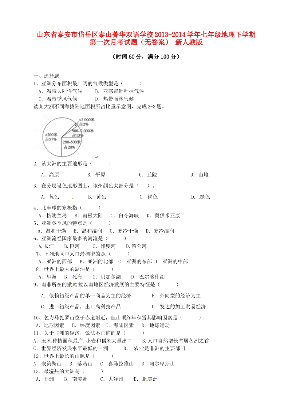 山东省泰安市岱岳区泰山菁华双语学校七年级地理下学期第一次月考试卷 新人教版试卷_第1页