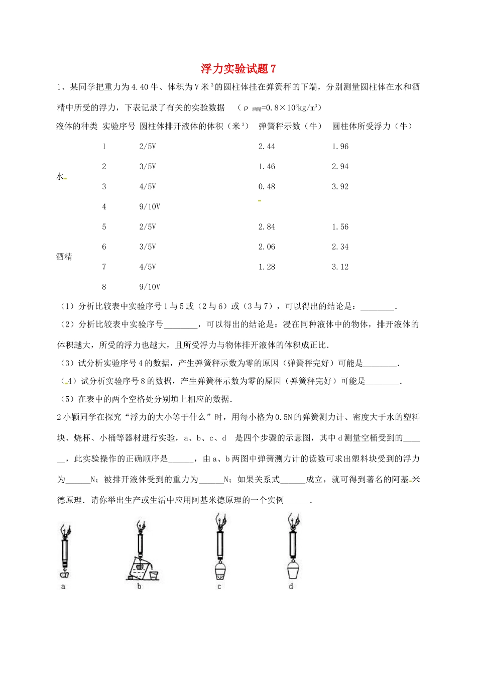 吉林省吉林市中考物理总复习 浮力实验试卷7 新人教版试卷_第1页