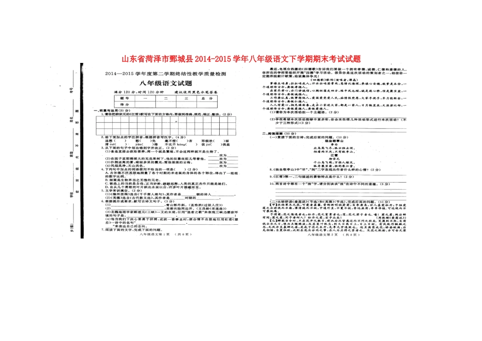 山东省菏泽市鄄城县 八年级语文下学期期末考试试卷新人教版试卷_第1页