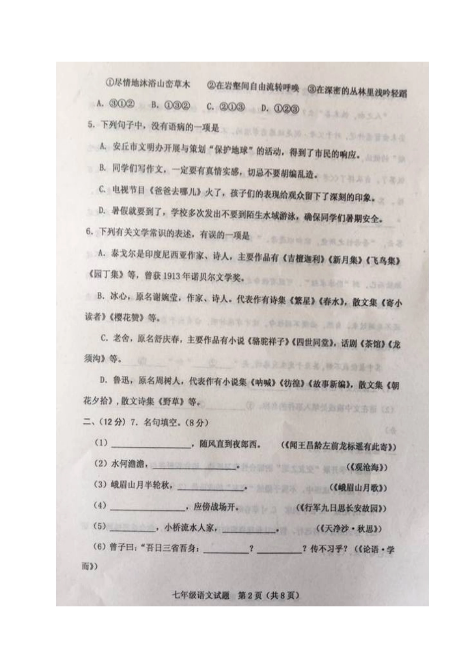 山东省安丘市七年级语文上学期期中试卷苏教版试卷_第2页