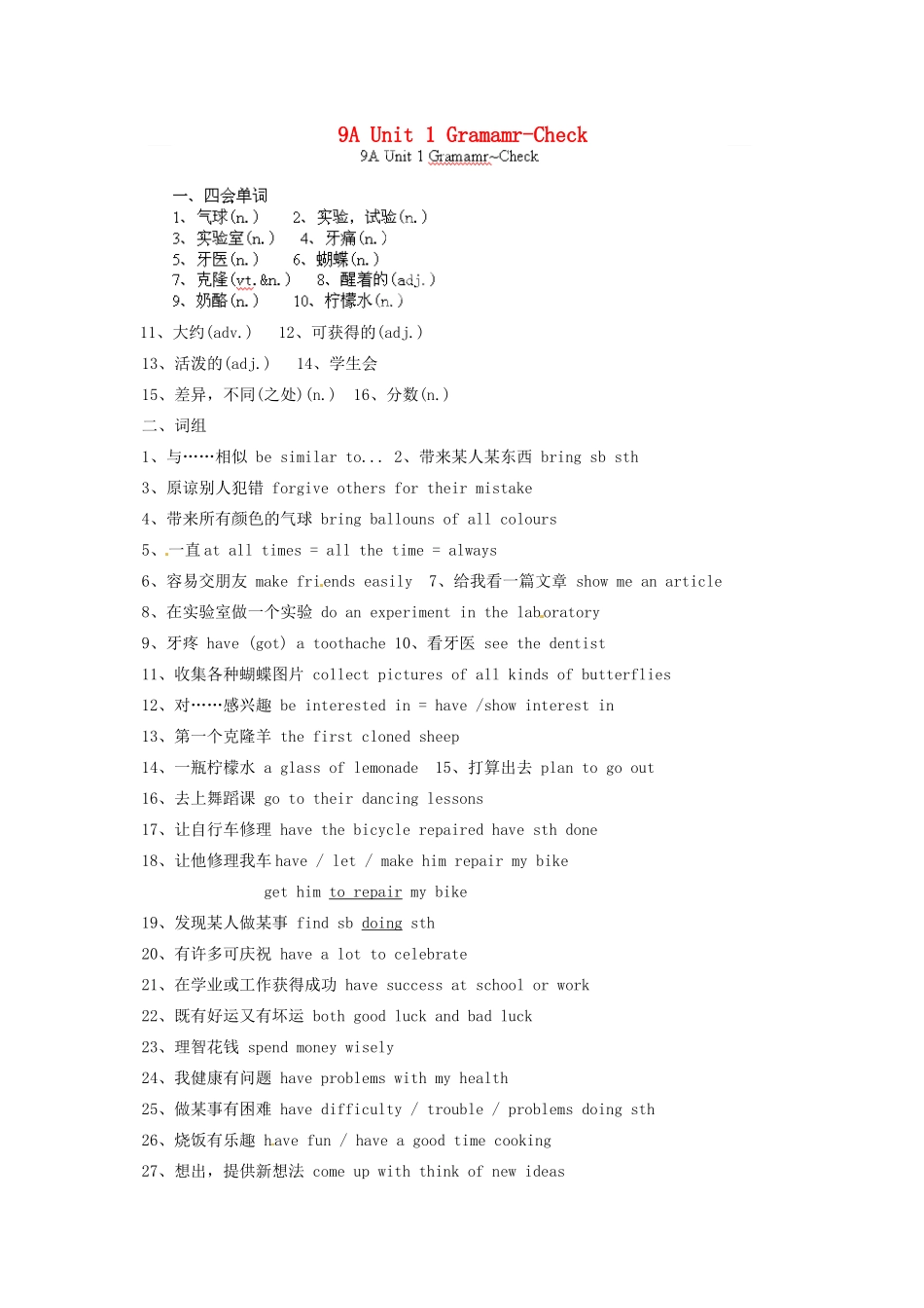 中考英语总复习 9A Unit 1 Gramamr-Check试卷_第1页