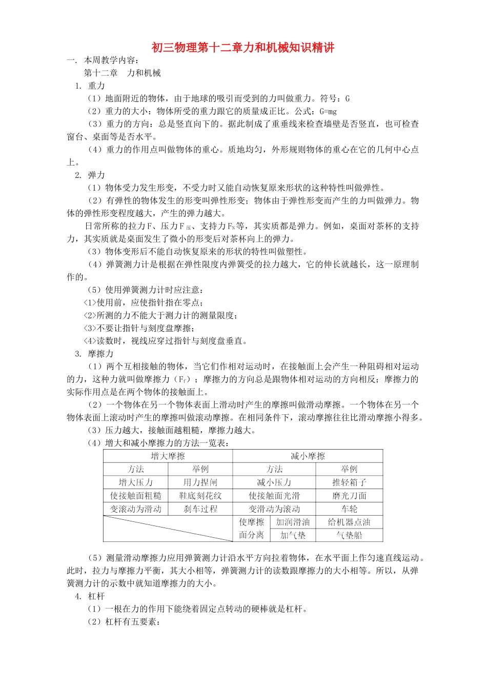 初三物理第十二章力和机械知识精讲 人教实验版 试题_第1页