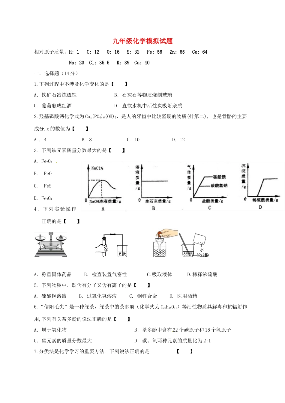九年级化学下学期最后一次模拟考试试卷_第1页