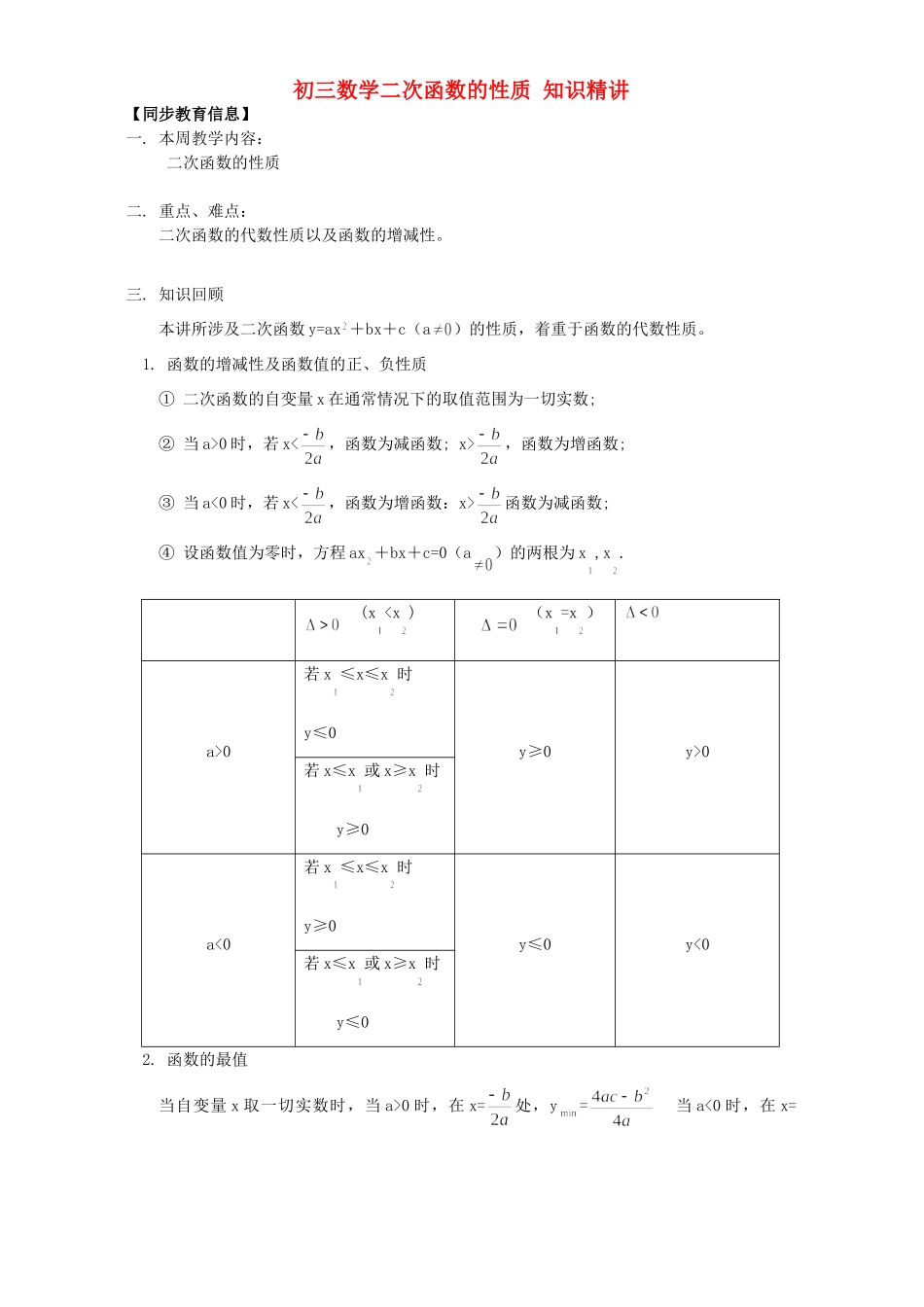 初三数学二次函数的性质 知识精讲 浙江版 试题_第1页