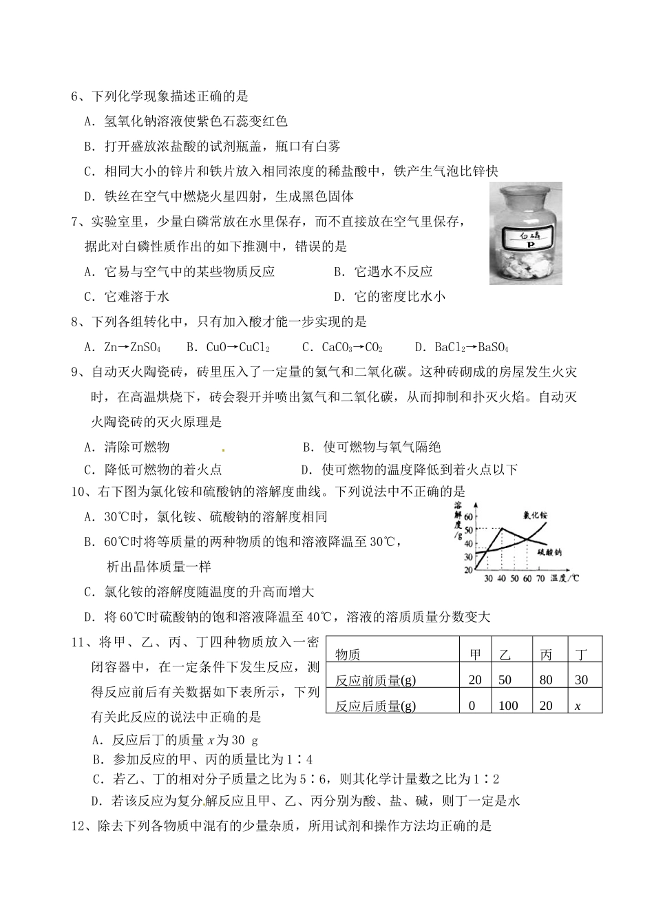 初中化学毕业升学模拟考试试题(十)(无答案) 试题_第2页