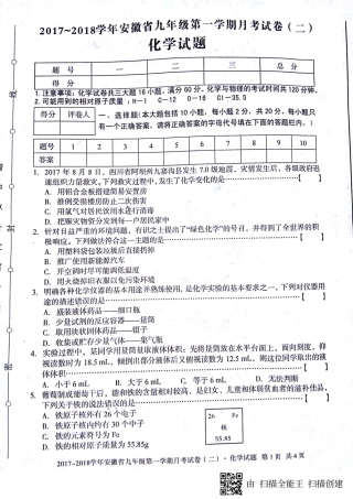 九年级化学上学期第二次月考(期中)试卷(pdf) 新人教版试卷