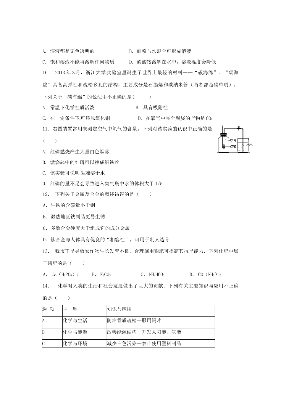 初中化学学业水平检测模拟试题(三) 试题_第2页