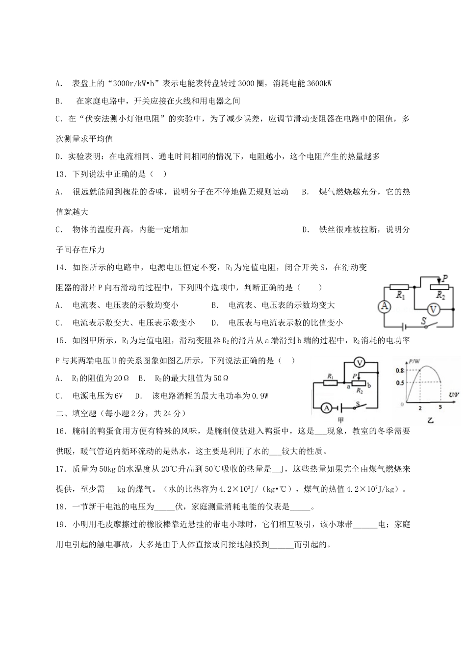 九年级物理上学期期末教学质量调研考试试卷_第3页