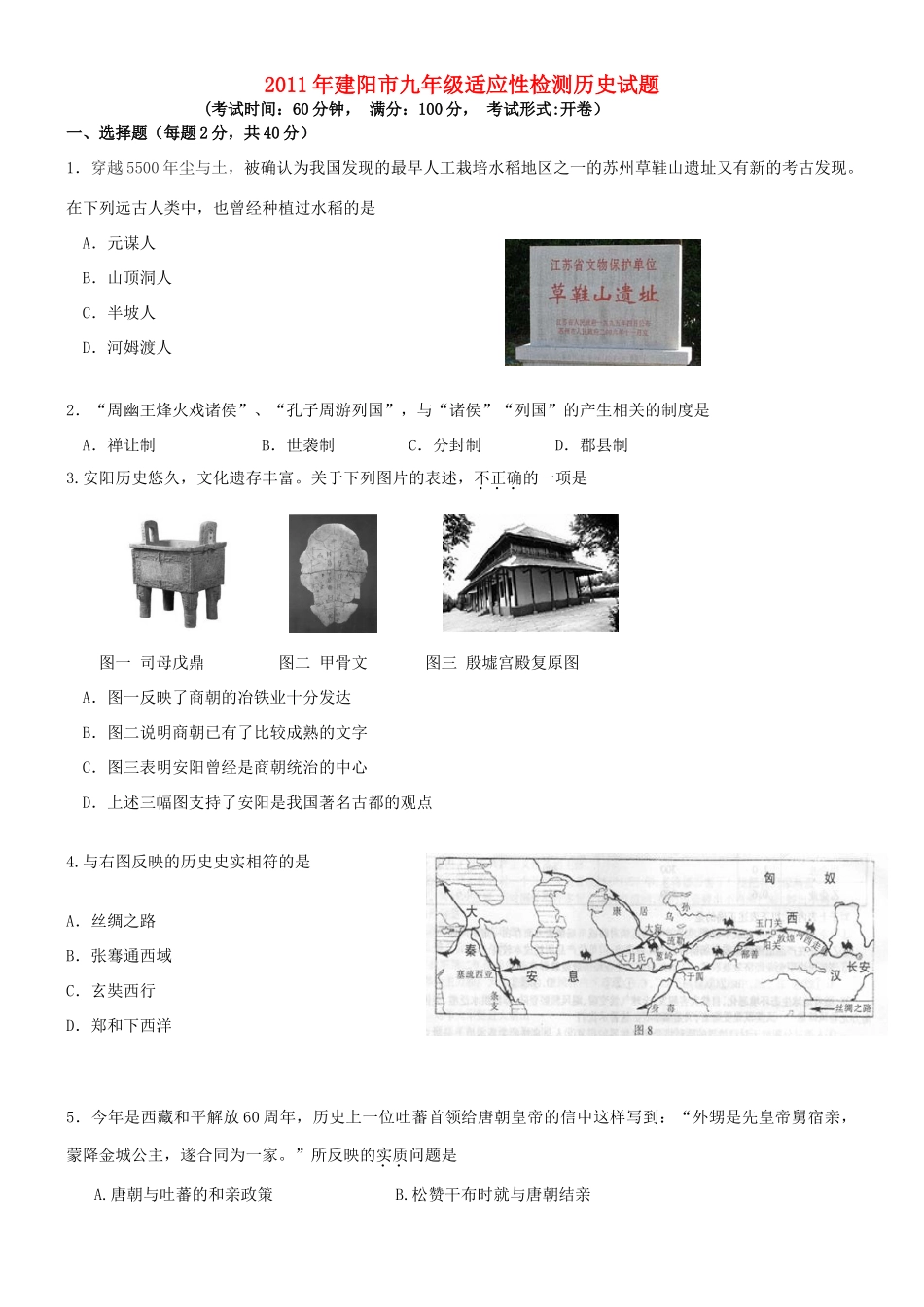 九年级历史适应性检测试卷 人教新课标版试卷_第1页