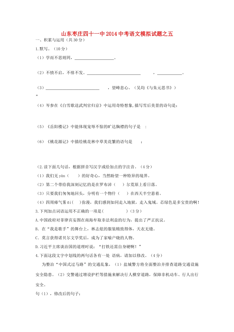 山东省枣庄四十一中中考语文模拟试卷五试卷_第1页