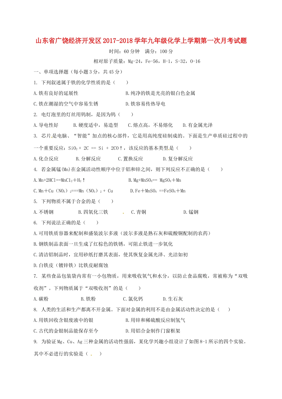 山东省广饶经济开发区九年级化学上学期第一次月考试卷 新人教版试卷_第1页