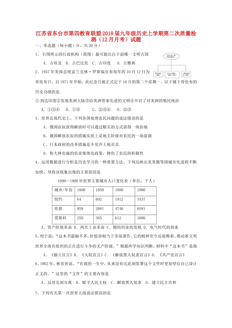 九年级历史上学期第二次质量检测(12月月考)试卷 新人教版试卷_第1页