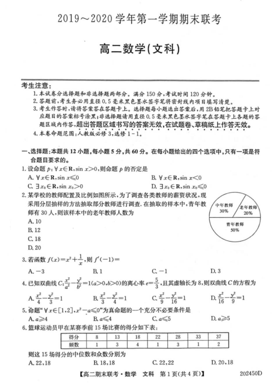 安徽省滁州市九校 高二数学上学期期末联考试卷 文(PDF)试卷_第1页