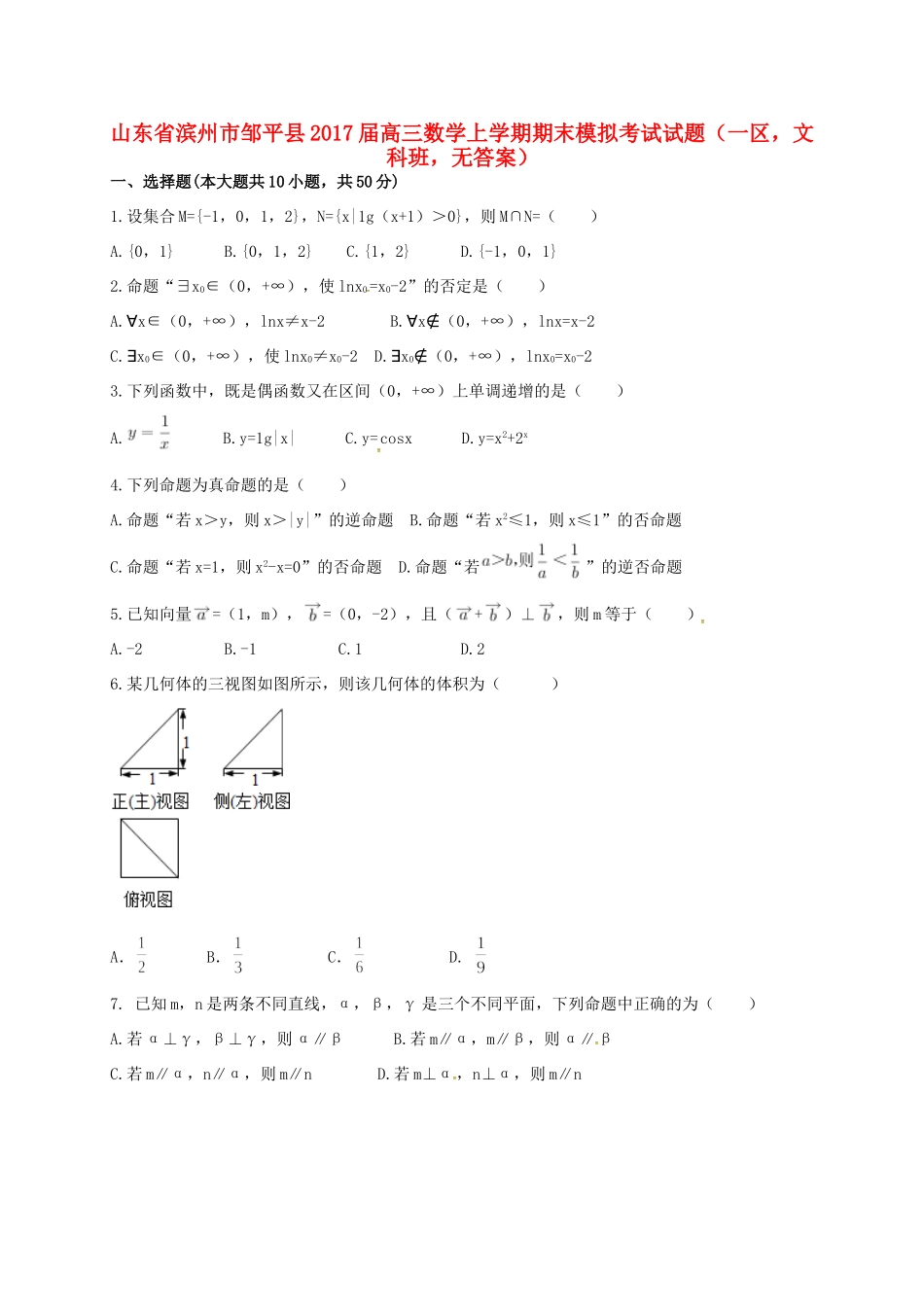 山东省滨州市邹平县高三数学上学期期末模拟考试试卷(一区，文科班，无答案)试卷_第1页
