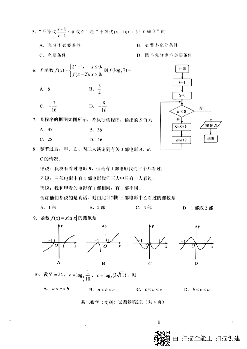 四川省绵阳市高二数学下学期期末考试试卷 文(PDF) 四川省绵阳市高二数学下学期期末考试试卷 文(PDF) 四川省绵阳市高二数学下学期期末考试试卷 文(PDF)_第2页