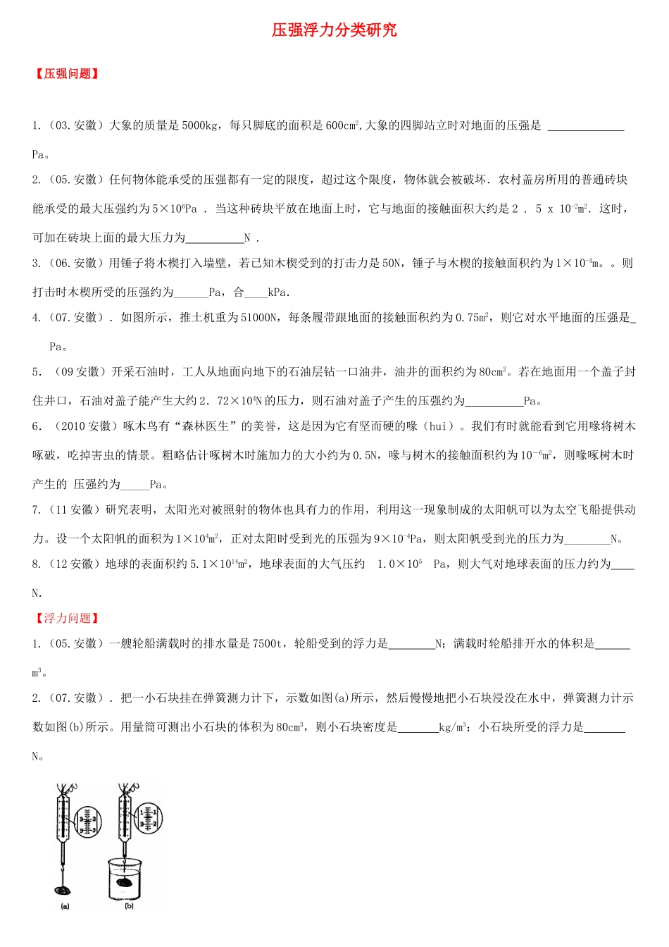 安徽省中考物理 压强浮力分类研究试卷_第1页