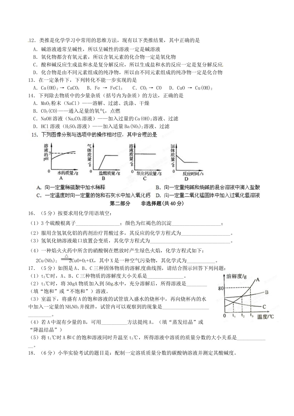 九年级化学下学期第一阶段学情抽测试卷试卷_第2页