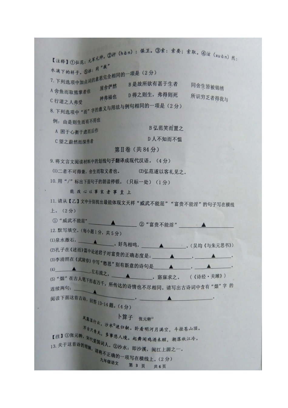 山东省济宁市嘉祥县九年级语文第二次模拟检测试卷试卷_第3页