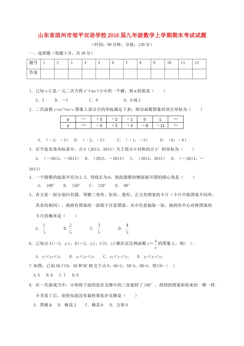 九年级数学上学期期末考试试卷(中考班，无答案) 青岛版试卷_第1页